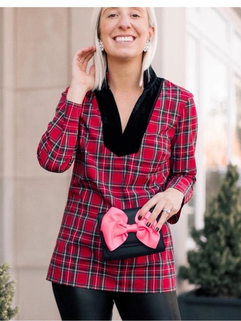 Sail to Sable Red Tartan Plaid & Velvet Collar Tunic Blouse | Size Medium